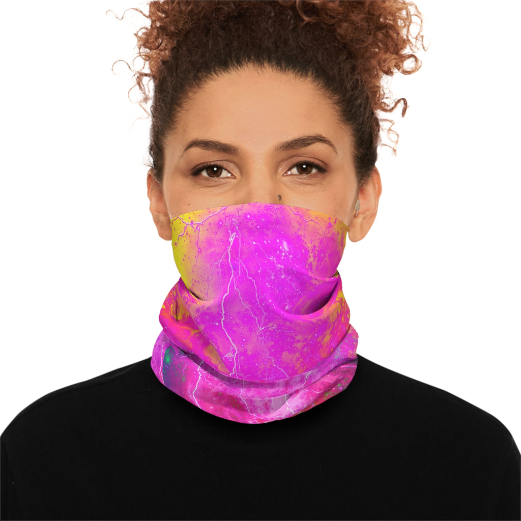 Blue And Pink Prophecy Neck Gaiter — Neon Pink Lightning Tie-Dye Face Mask
