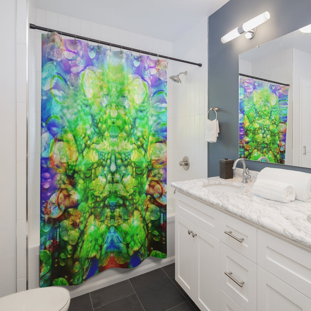 BASS IMMORTAL 30 - Psychedelic Green Kaleidoscope Shower Curtain — Abstract Symmetric Bubble Art