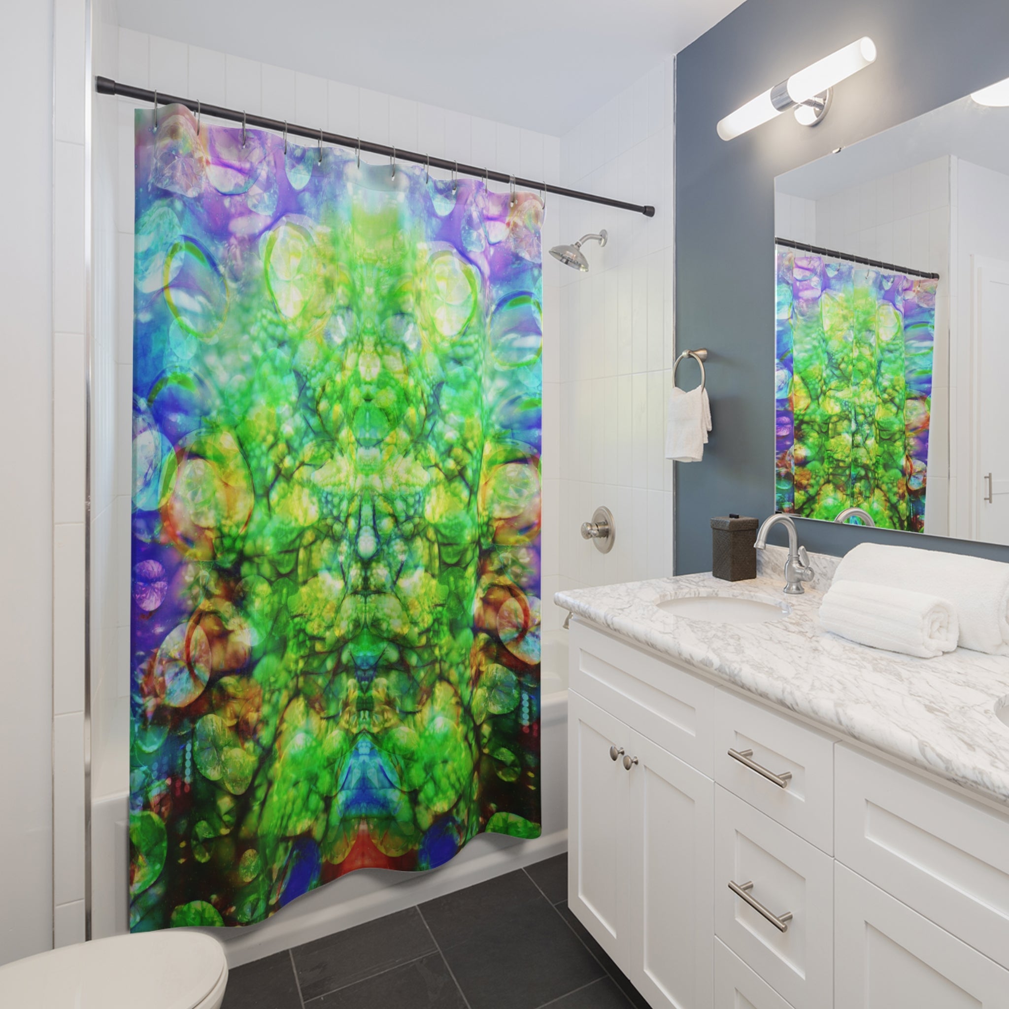 BASS IMMORTAL 30 - Psychedelic Green Kaleidoscope Shower Curtain — Abstract Symmetric Bubble Art