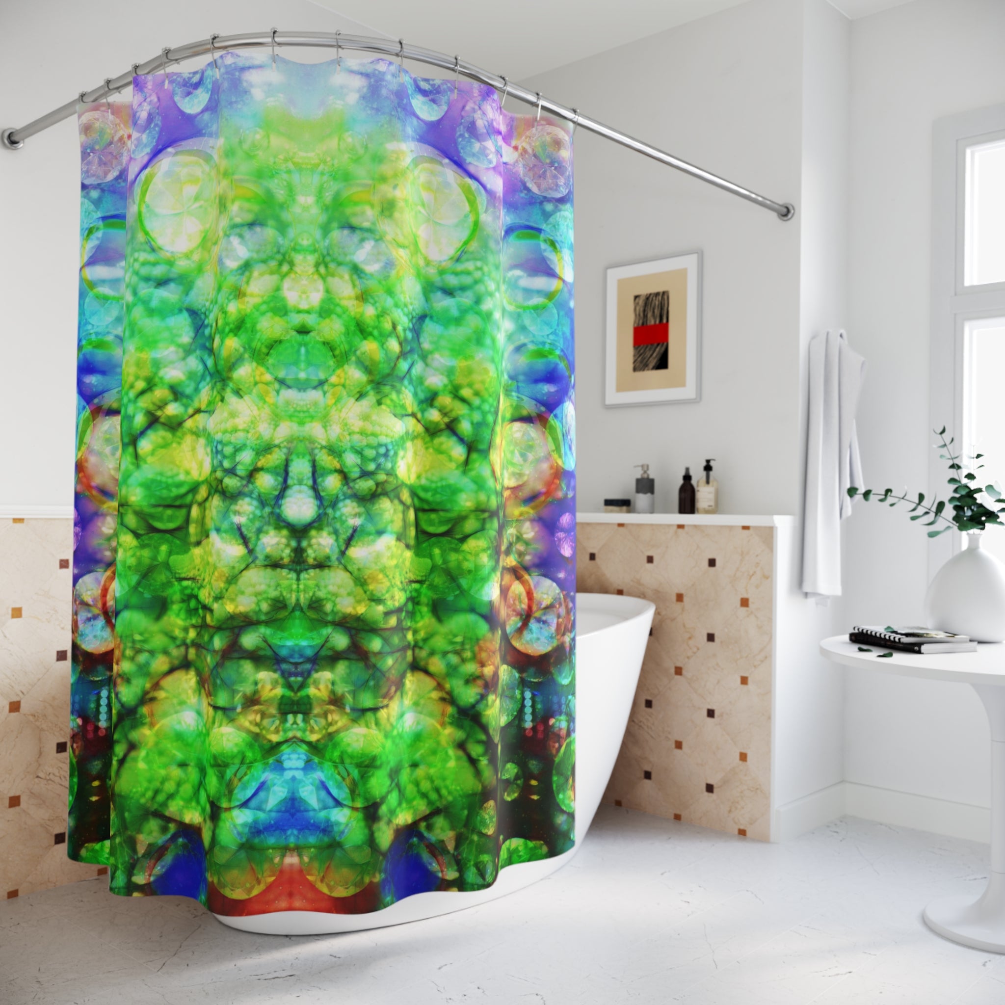 BASS IMMORTAL 30 - Psychedelic Green Kaleidoscope Shower Curtain — Abstract Symmetric Bubble Art